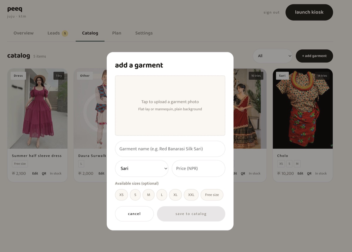The peeq vendor dashboard — adding a garment with one photo